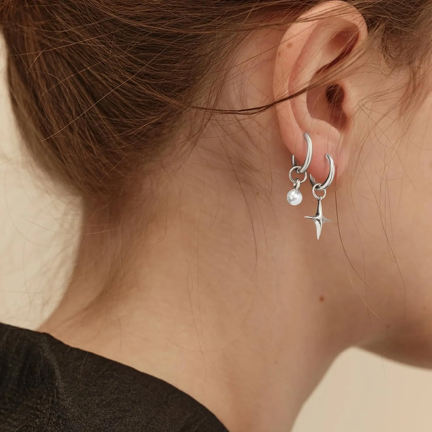 DAILY VIBES Small Gold Star Pearl Drop Dangle Earrings for Women Dainty 925 Sterling Silver Post Asymmetrical Mini 14K Gold Plated Huggie Hoop Earrings for Women