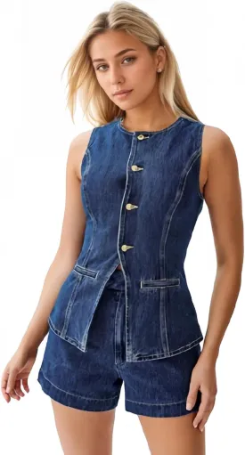 Denim 2 Piece Outfits for Women Button Down Sleeveless Blazer Vest High Waist Jean Shorts Business Casual Outfits