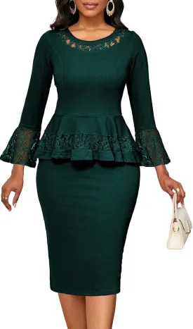 Elegant Dresses for Women Wear to Work Long Sleeve Cocktail Business Knee Length Pencil Lace Dress