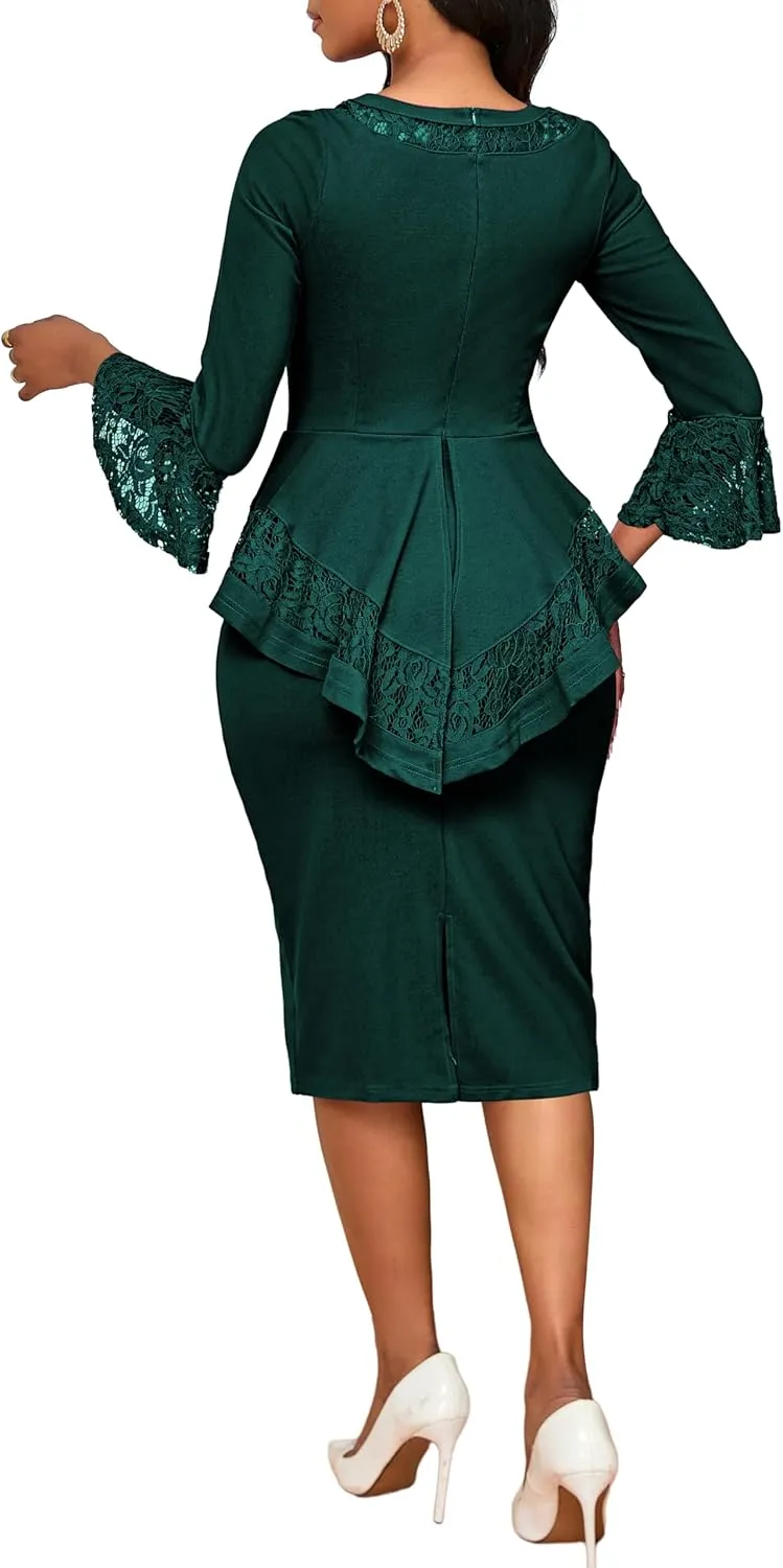 Elegant Dresses for Women Wear to Work Long Sleeve Cocktail Business Knee Length Pencil Lace Dress