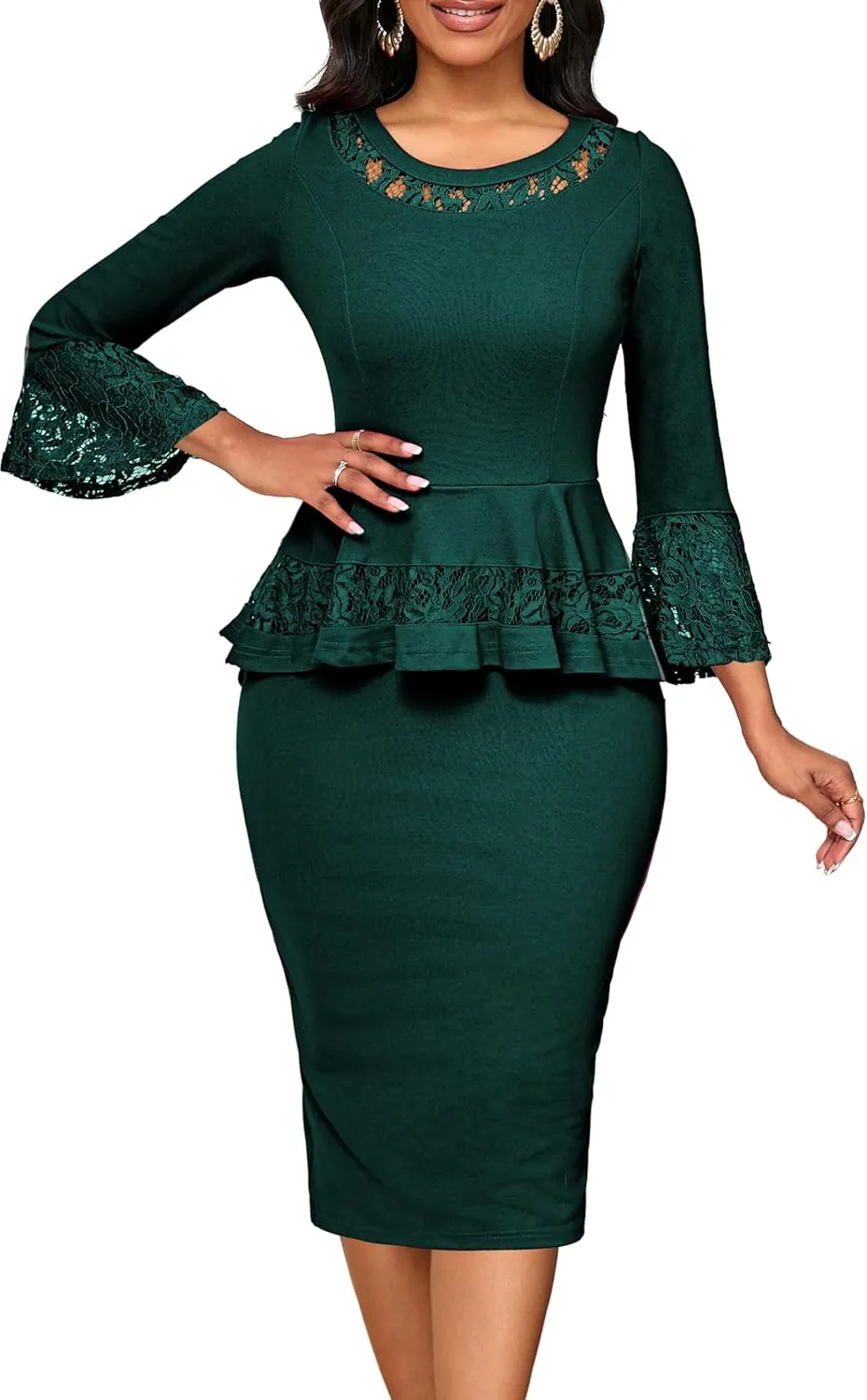 Elegant Dresses for Women Wear to Work Long Sleeve Cocktail Business Knee Length Pencil Lace Dress