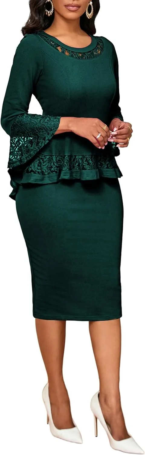 Elegant Dresses for Women Wear to Work Long Sleeve Cocktail Business Knee Length Pencil Lace Dress