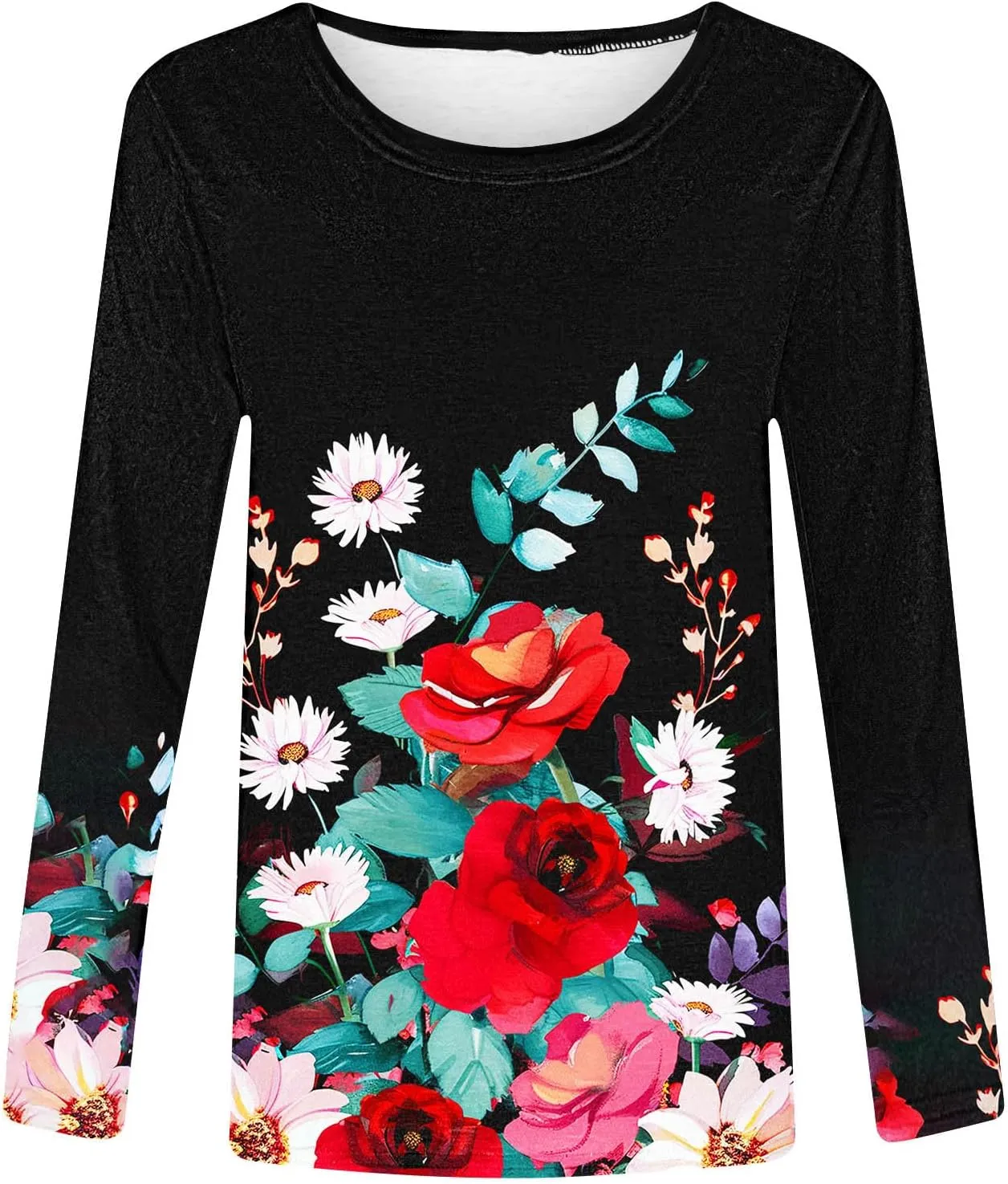 Fall Shirts for Women 2024 Dressy Casual Long Sleeve Crewneck Blouses Floral Print Tunic Tops Cotton Tshirt
