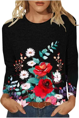 Fall Shirts for Women 2024 Dressy Casual Long Sleeve Crewneck Blouses Floral Print Tunic Tops Cotton Tshirt