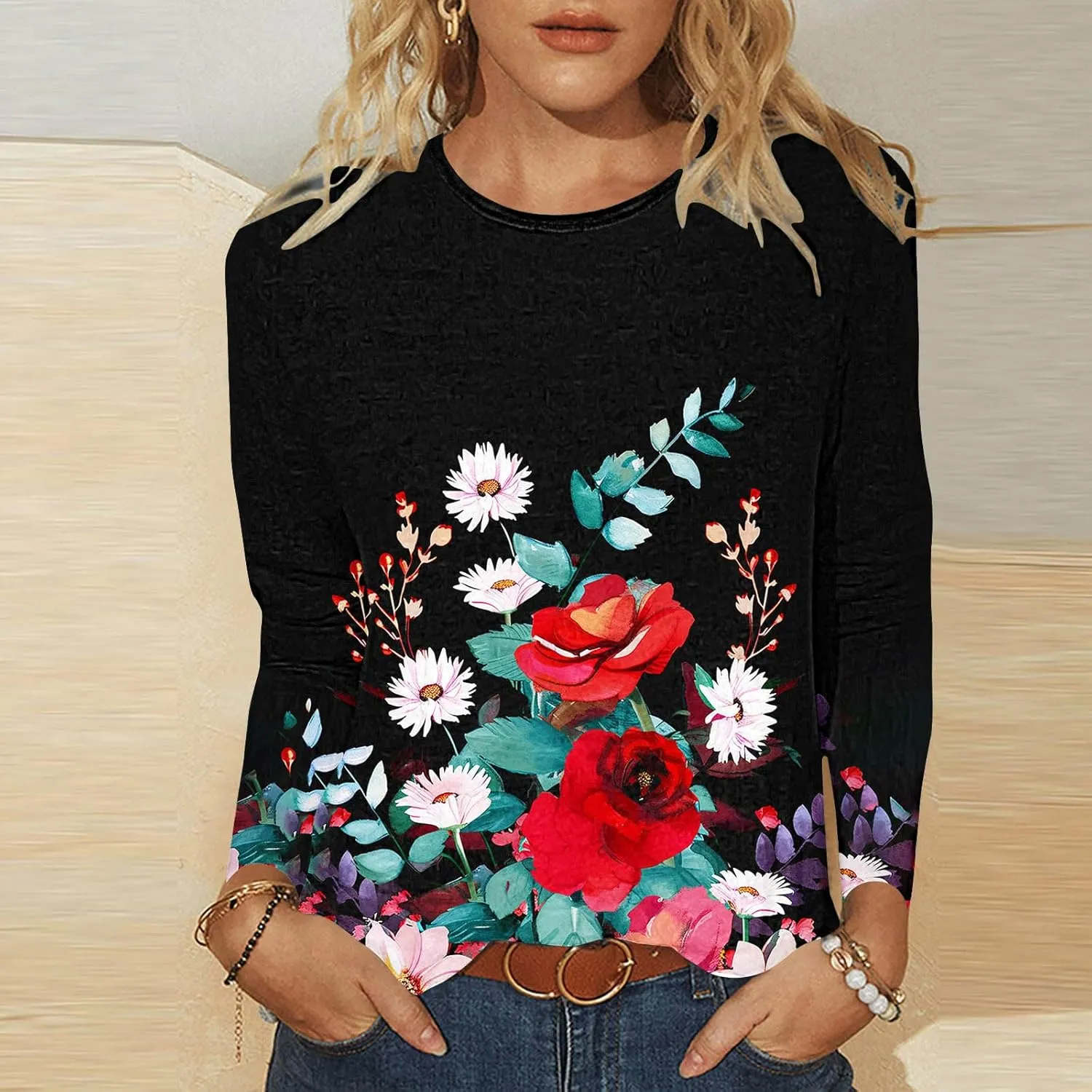 Fall Shirts for Women 2024 Dressy Casual Long Sleeve Crewneck Blouses Floral Print Tunic Tops Cotton Tshirt