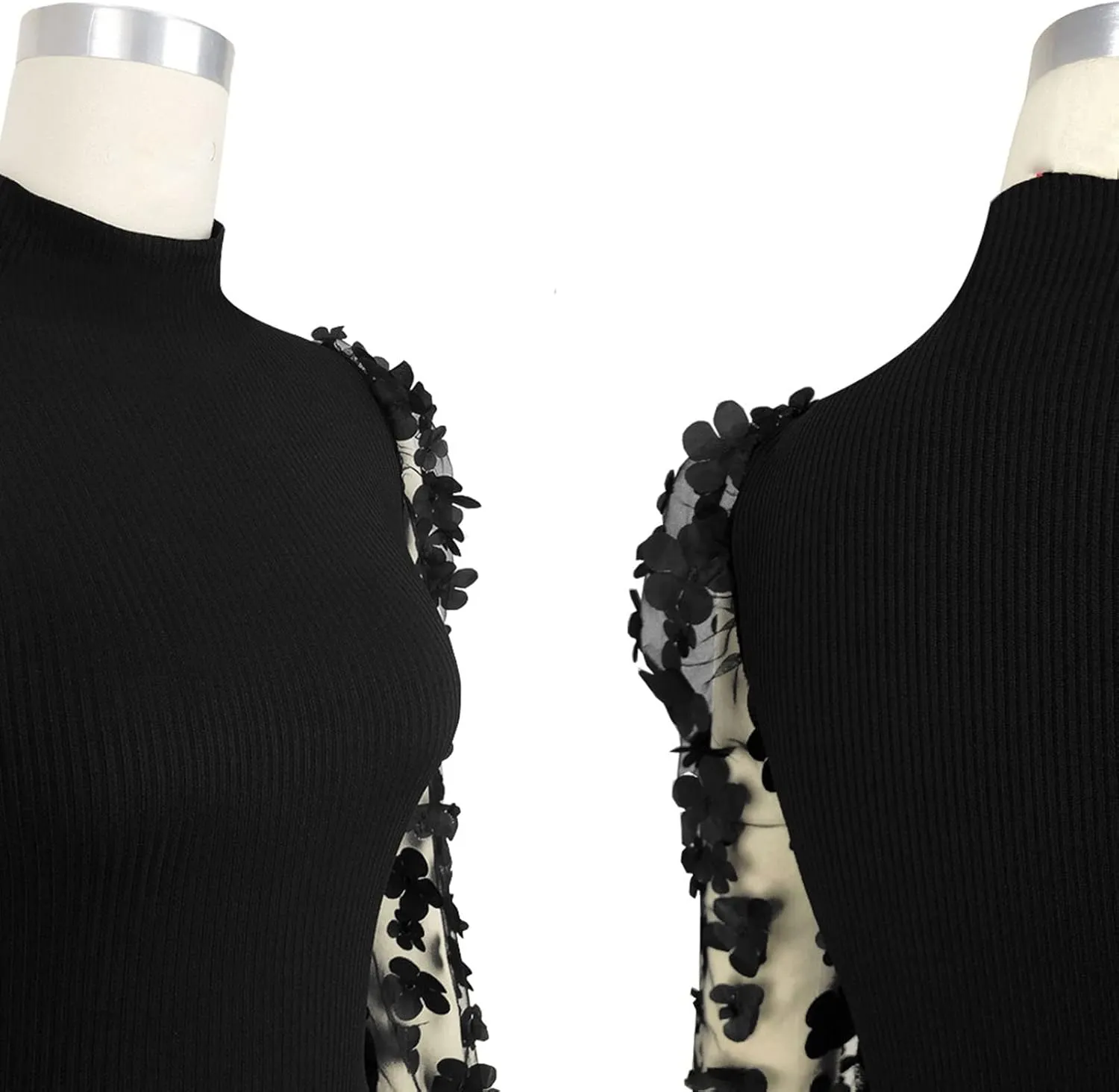 Fastkoala Women's Sexy Ribbed Bodycon Dress Lace Long Sleeve Slim Fit Midi Dress Turtle Neck Night Club Party Dresses