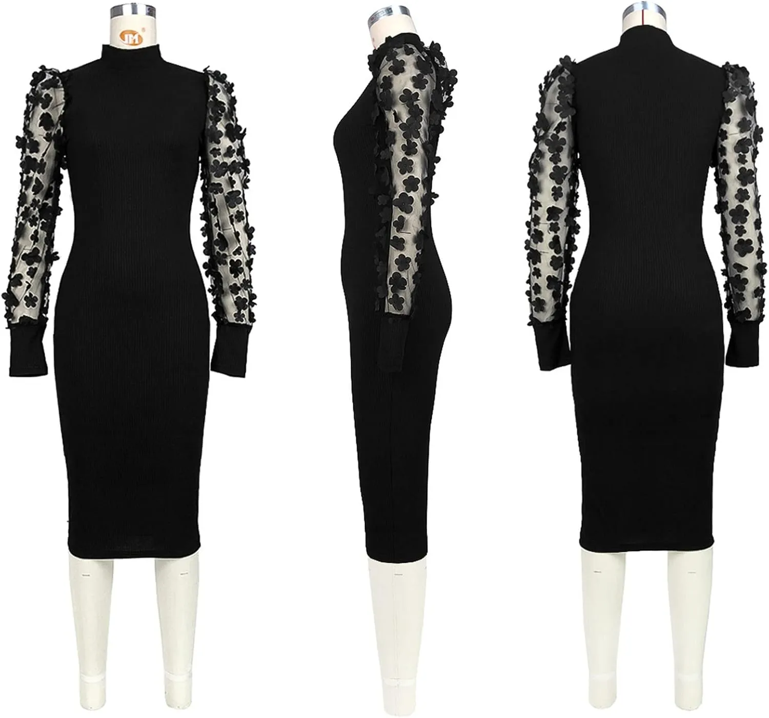Fastkoala Women's Sexy Ribbed Bodycon Dress Lace Long Sleeve Slim Fit Midi Dress Turtle Neck Night Club Party Dresses