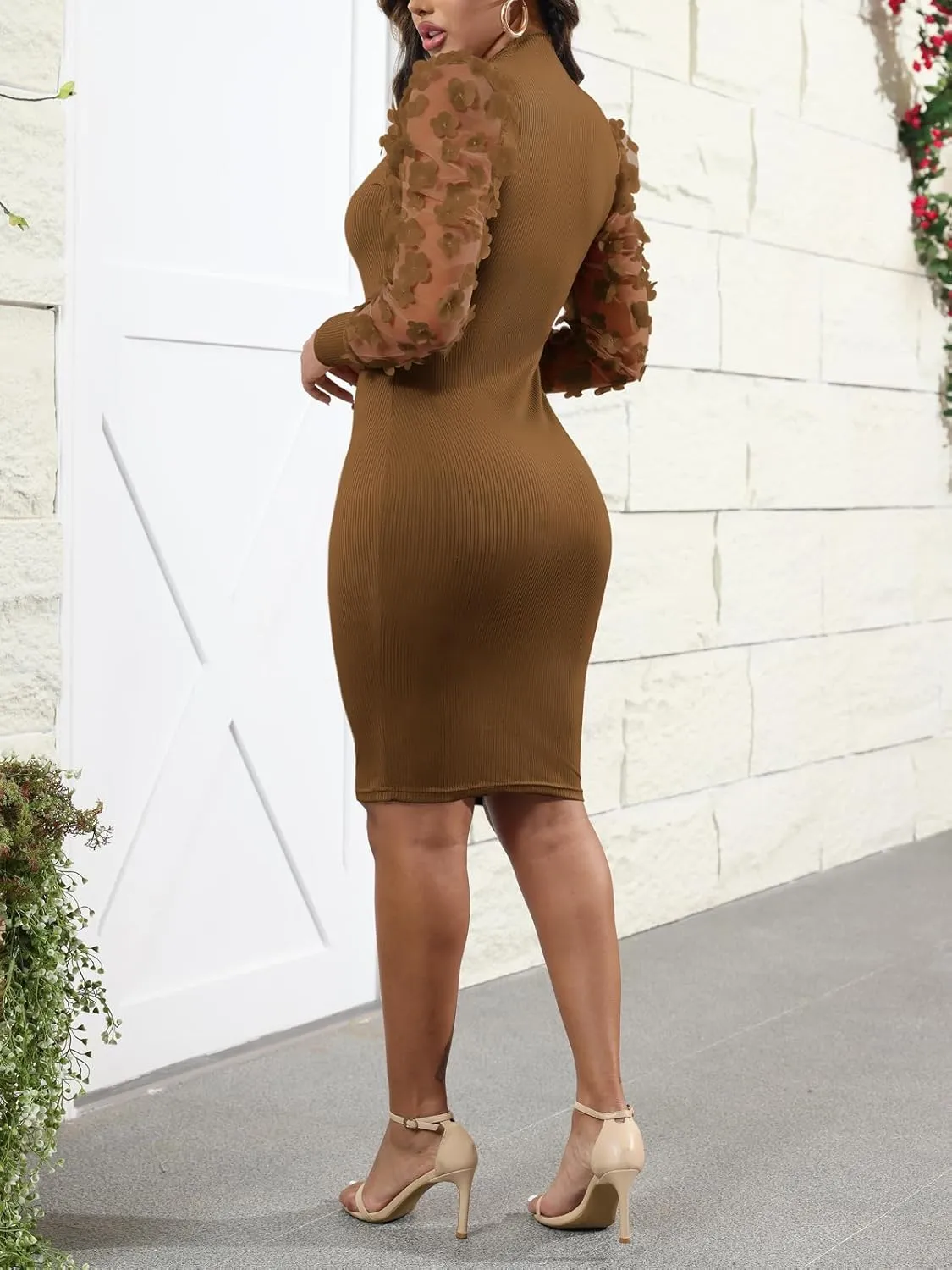 Fastkoala Women's Sexy Ribbed Bodycon Dress Lace Long Sleeve Slim Fit Midi Dress Turtle Neck Night Club Party Dresses