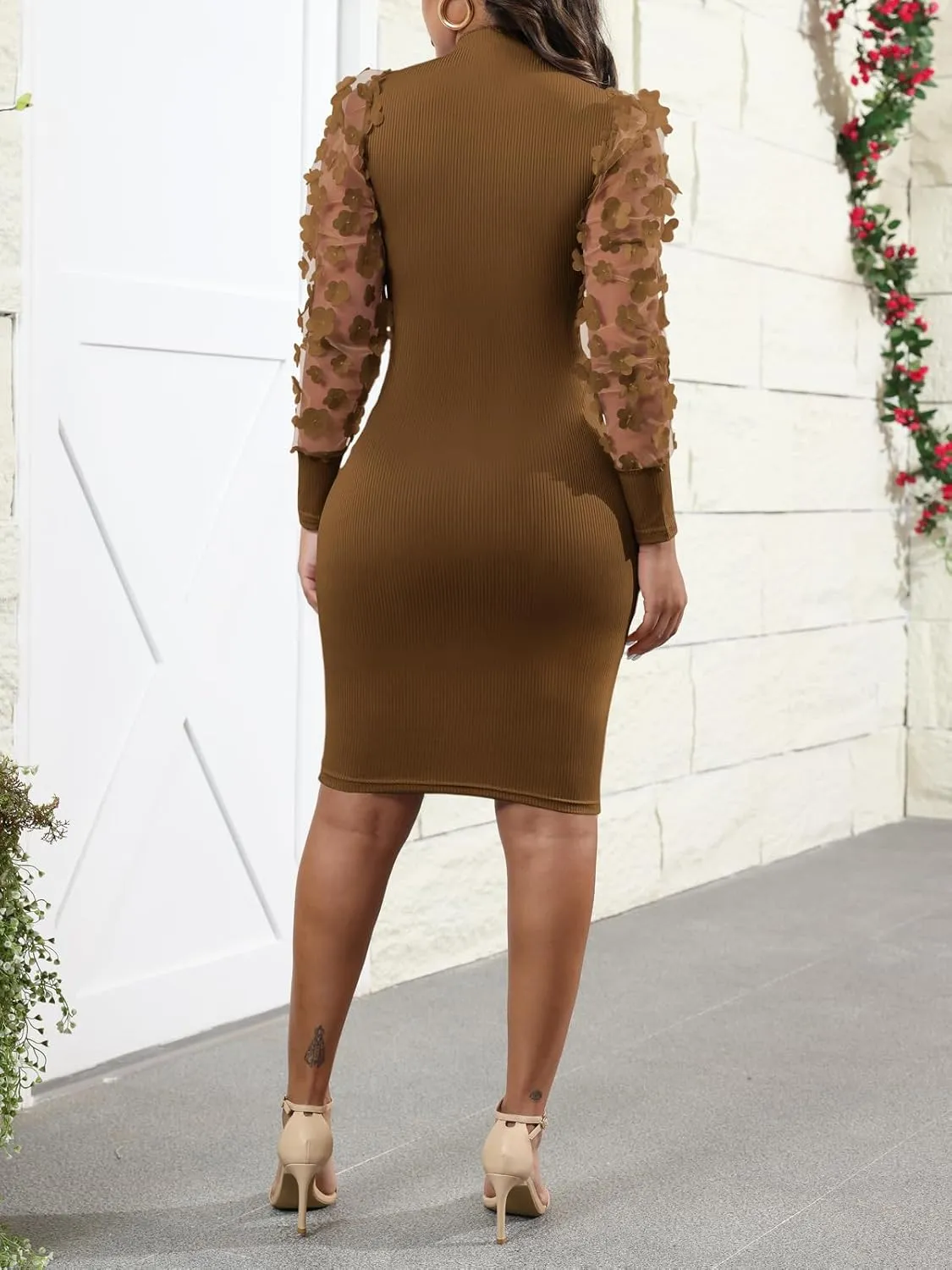 Fastkoala Women's Sexy Ribbed Bodycon Dress Lace Long Sleeve Slim Fit Midi Dress Turtle Neck Night Club Party Dresses