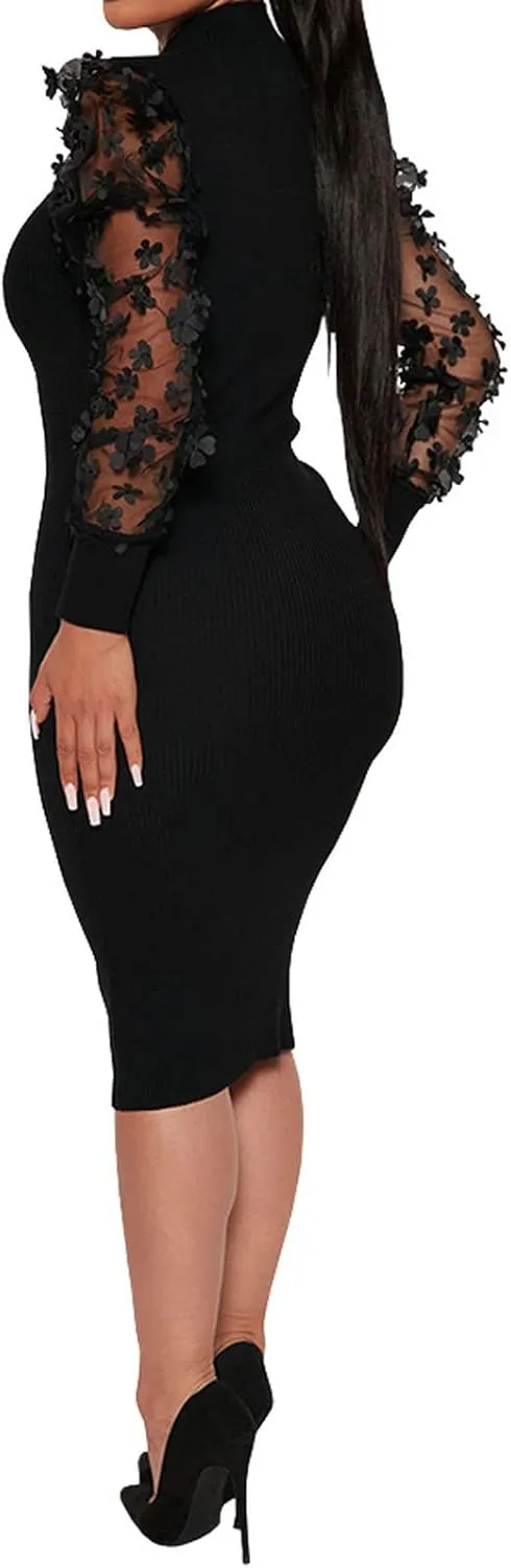 Fastkoala Women's Sexy Ribbed Bodycon Dress Lace Long Sleeve Slim Fit Midi Dress Turtle Neck Night Club Party Dresses