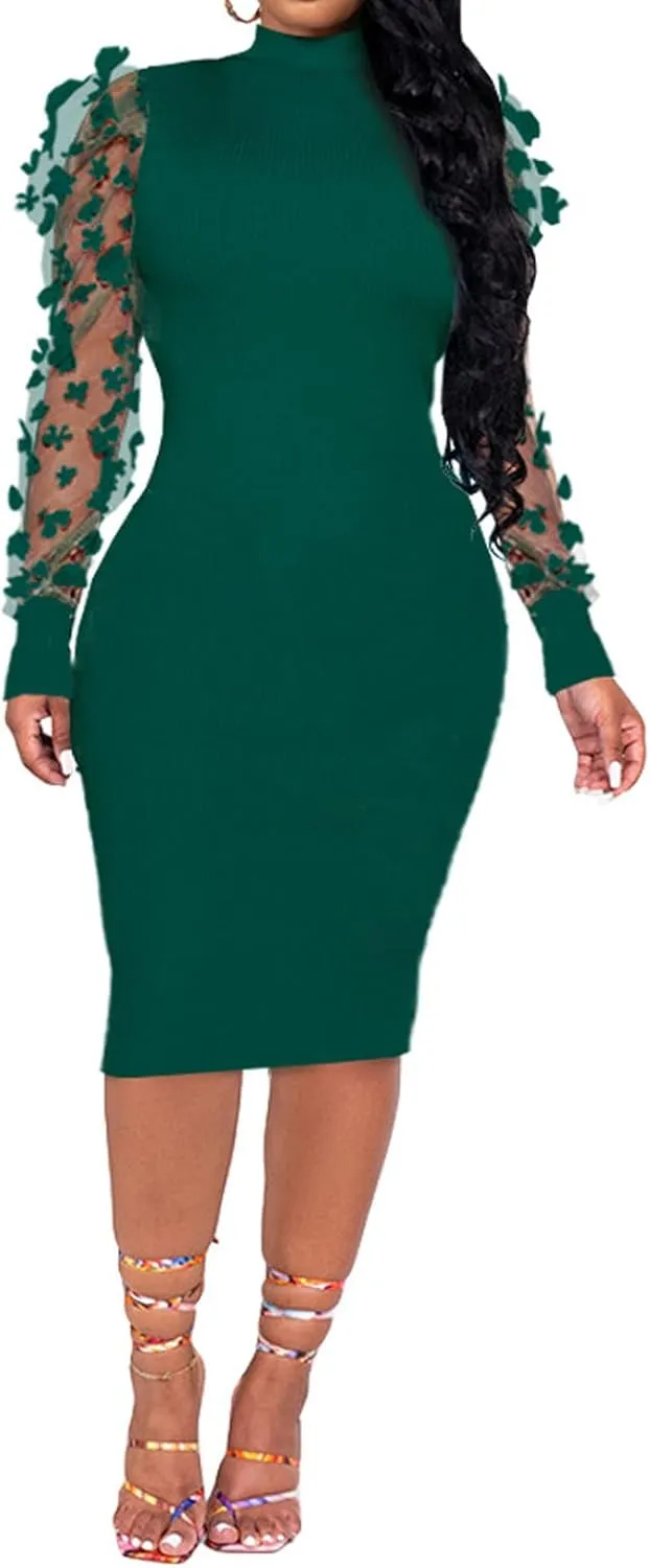 Fastkoala Women's Sexy Ribbed Bodycon Dress Lace Long Sleeve Slim Fit Midi Dress Turtle Neck Night Club Party Dresses