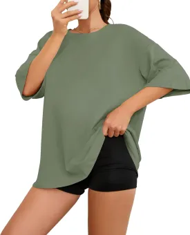 Fenxxxl Womens Oversized T Shirts Loose Fit Crewneck Short Sleeve Graphic Tee Roll Hem Workout Shirts for Women 2024 Top
