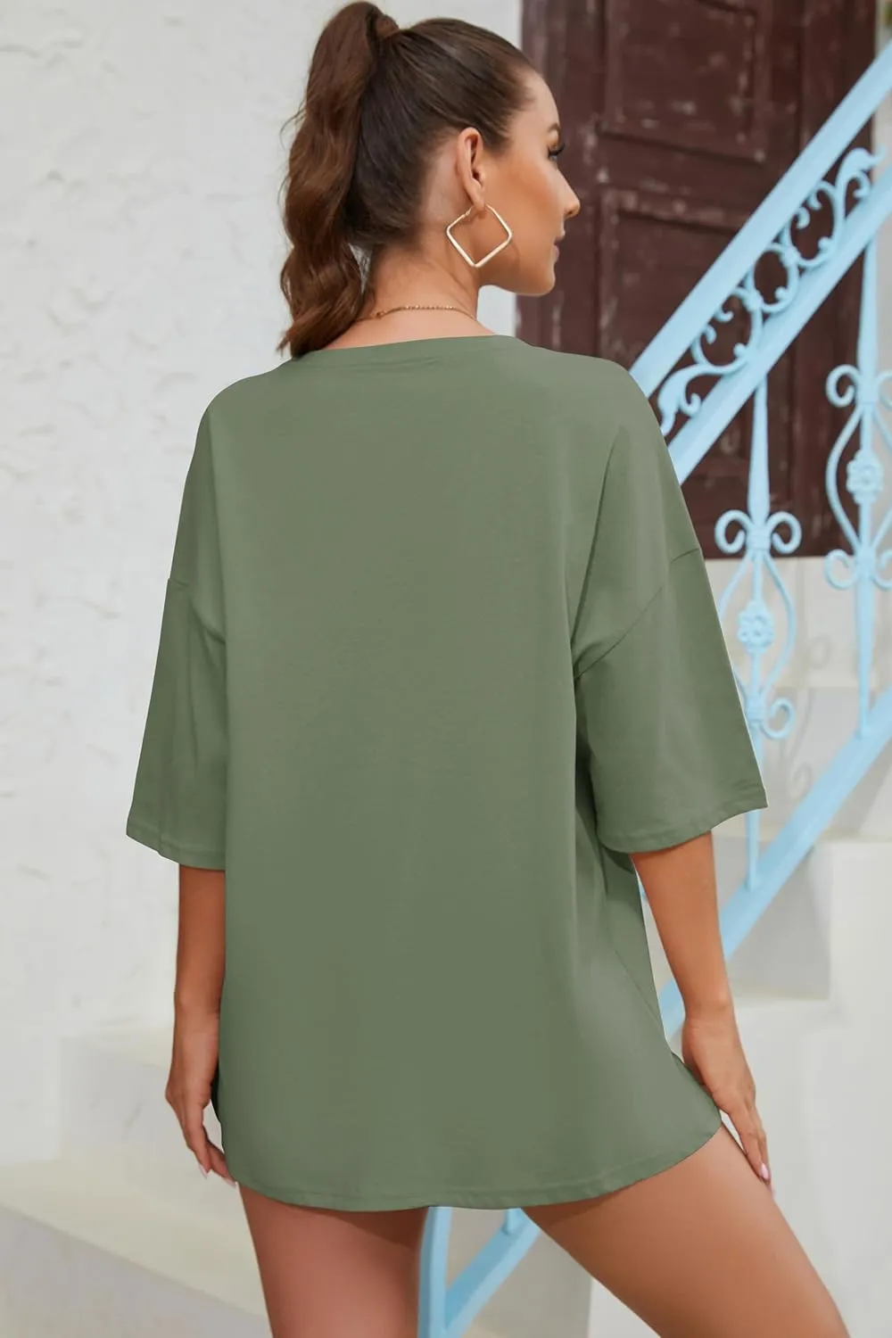 Fenxxxl Womens Oversized T Shirts Loose Fit Crewneck Short Sleeve Graphic Tee Roll Hem Workout Shirts for Women 2024 Top