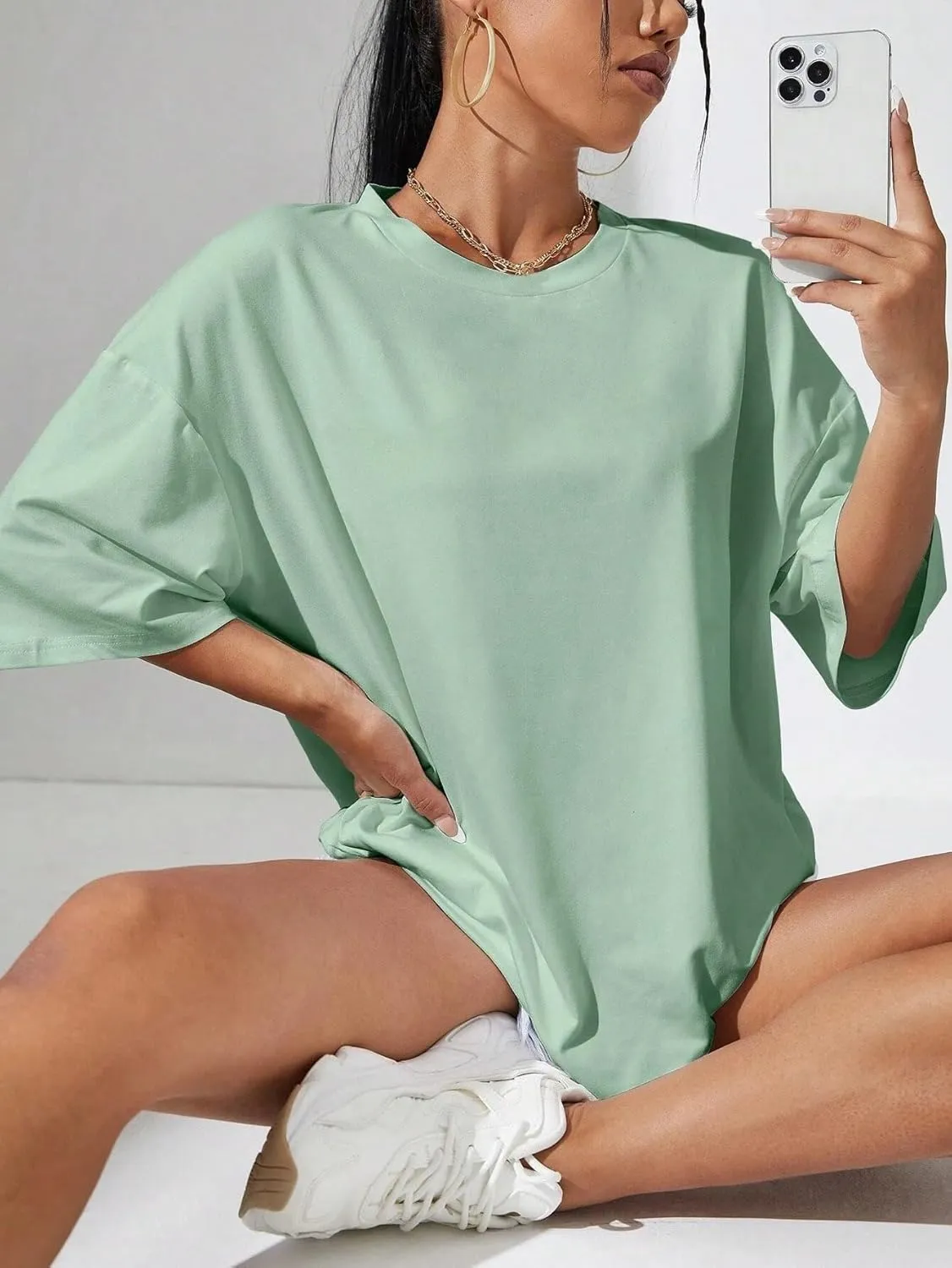 Fenxxxl Womens Oversized T Shirts Loose Fit Crewneck Short Sleeve Graphic Tee Roll Hem Workout Shirts for Women 2024 Top