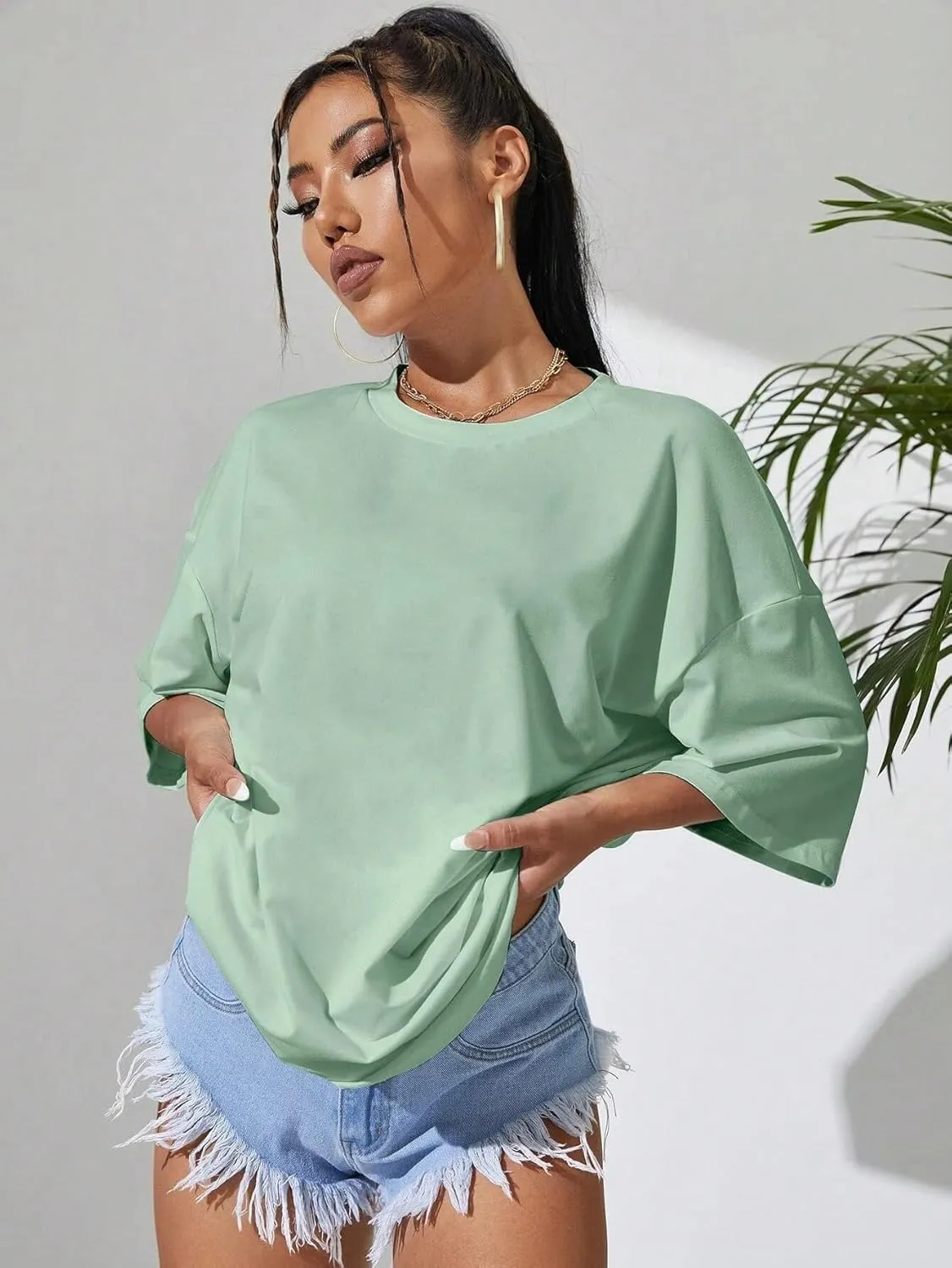 Fenxxxl Womens Oversized T Shirts Loose Fit Crewneck Short Sleeve Graphic Tee Roll Hem Workout Shirts for Women 2024 Top