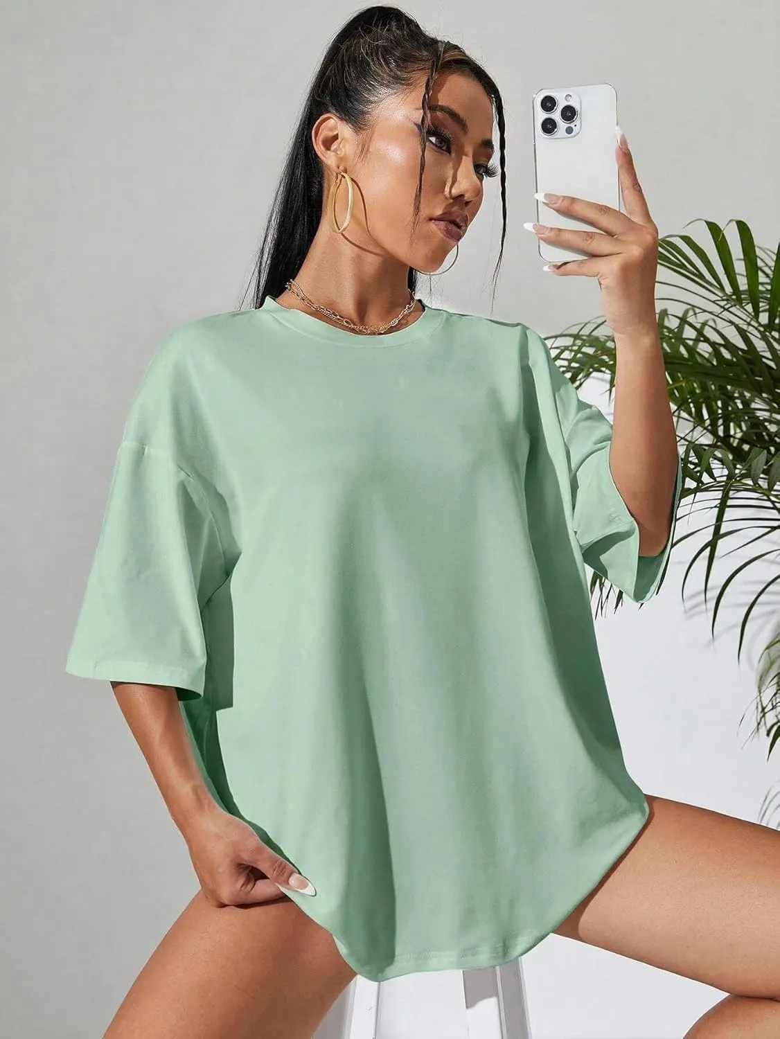 Fenxxxl Womens Oversized T Shirts Loose Fit Crewneck Short Sleeve Graphic Tee Roll Hem Workout Shirts for Women 2024 Top