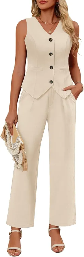 Ficerd Women's 2 Piece Outfits, Sleeveless Cotton Suit Vest and Wide Leg Pant Summer Business Casual Button V Neck Blazer Set
