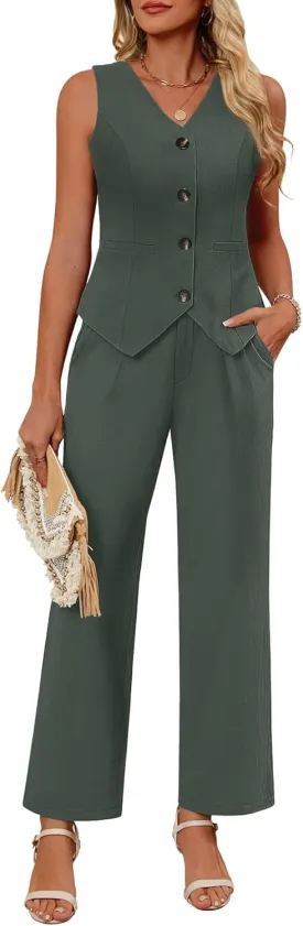 Ficerd Women's 2 Piece Outfits, Sleeveless Cotton Suit Vest and Wide Leg Pant Summer Business Casual Button V Neck Blazer Set