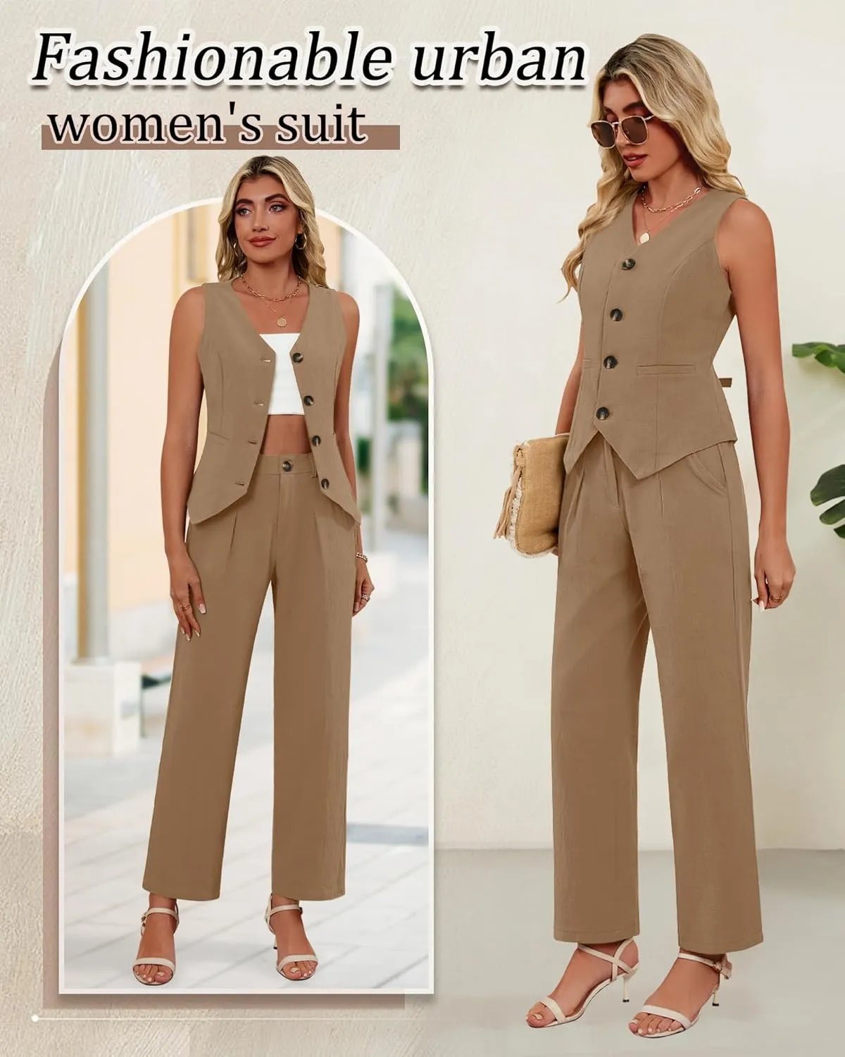 Ficerd Women's 2 Piece Outfits, Sleeveless Cotton Suit Vest and Wide Leg Pant Summer Business Casual Button V Neck Blazer Set