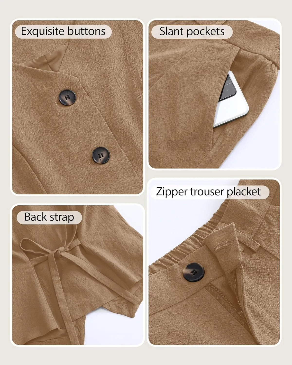 Ficerd Women's 2 Piece Outfits, Sleeveless Cotton Suit Vest and Wide Leg Pant Summer Business Casual Button V Neck Blazer Set