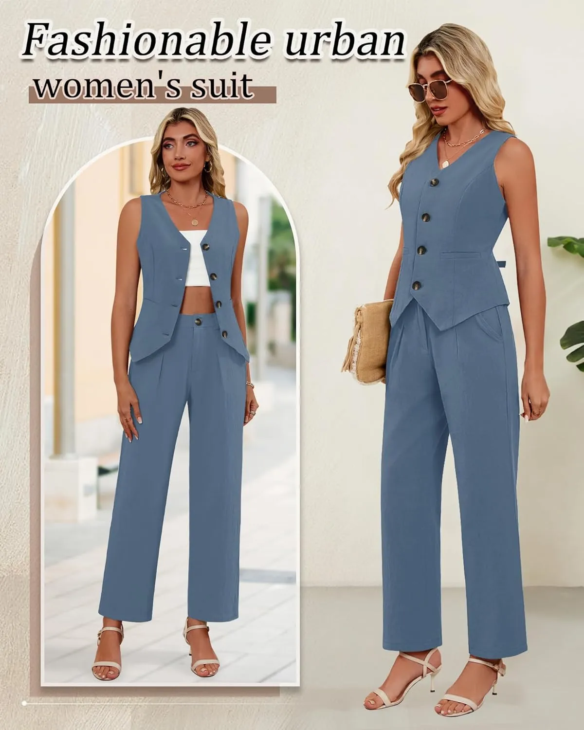 Ficerd Women's 2 Piece Outfits, Sleeveless Cotton Suit Vest and Wide Leg Pant Summer Business Casual Button V Neck Blazer Set