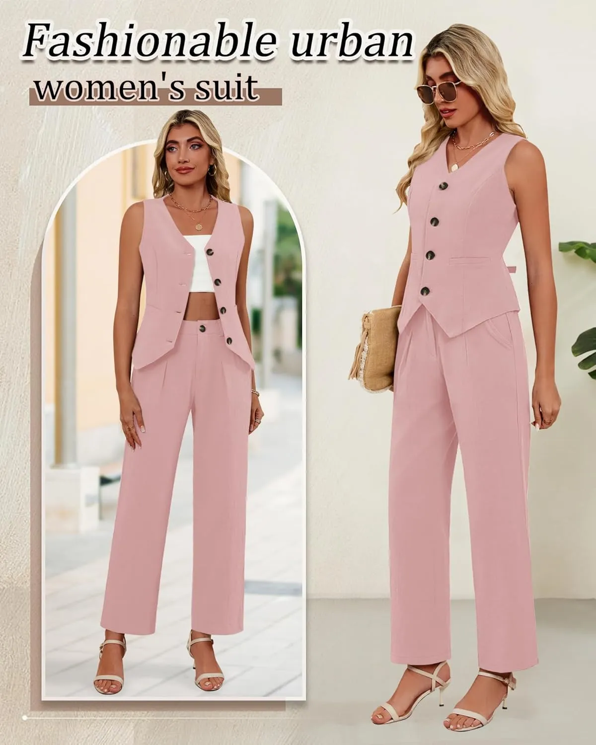 Ficerd Women's 2 Piece Outfits, Sleeveless Cotton Suit Vest and Wide Leg Pant Summer Business Casual Button V Neck Blazer Set