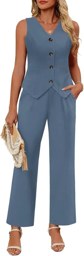 Ficerd Women's 2 Piece Outfits, Sleeveless Cotton Suit Vest and Wide Leg Pant Summer Business Casual Button V Neck Blazer Set