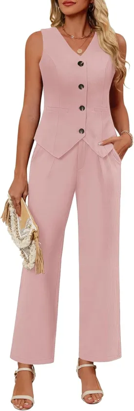 Ficerd Women's 2 Piece Outfits, Sleeveless Cotton Suit Vest and Wide Leg Pant Summer Business Casual Button V Neck Blazer Set
