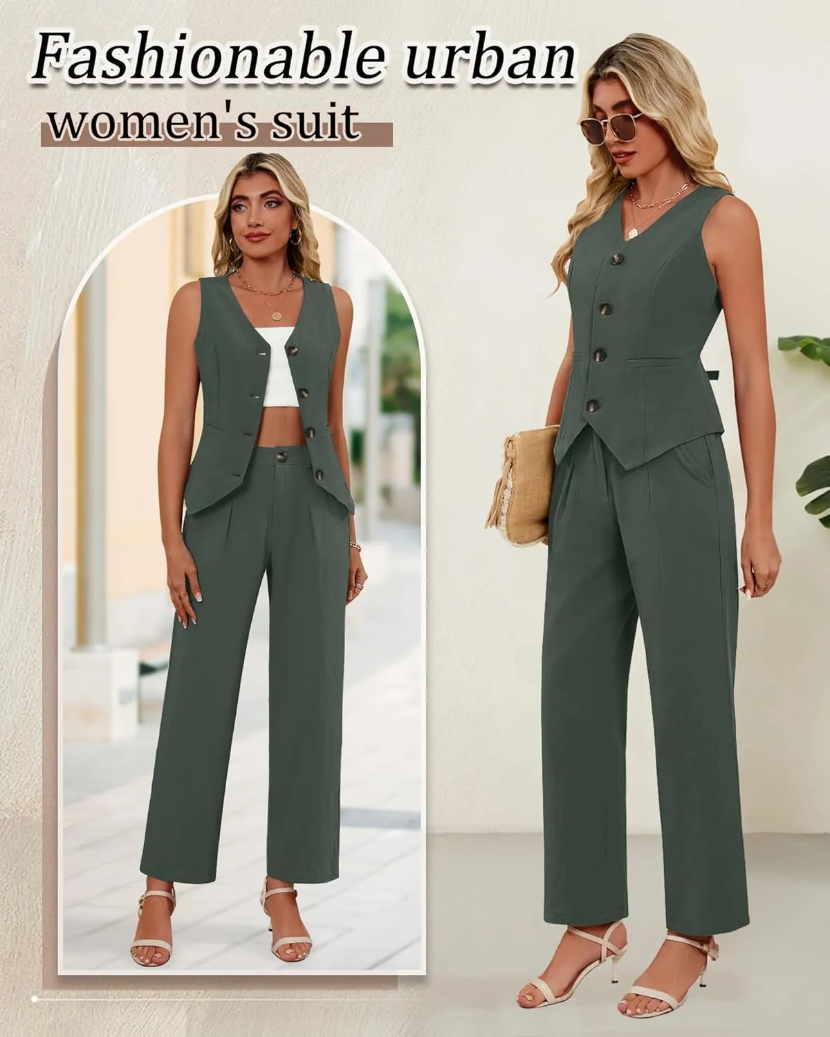 Ficerd Women's 2 Piece Outfits, Sleeveless Cotton Suit Vest and Wide Leg Pant Summer Business Casual Button V Neck Blazer Set