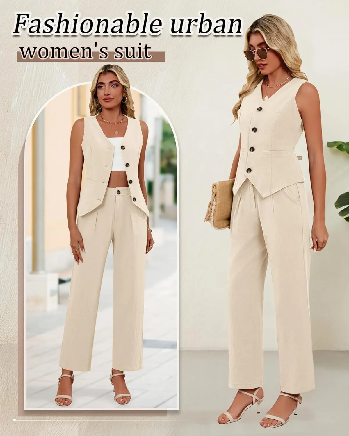 Ficerd Women's 2 Piece Outfits, Sleeveless Cotton Suit Vest and Wide Leg Pant Summer Business Casual Button V Neck Blazer Set