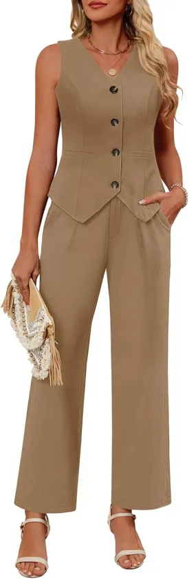 Ficerd Women's 2 Piece Outfits, Sleeveless Cotton Suit Vest and Wide Leg Pant Summer Business Casual Button V Neck Blazer Set