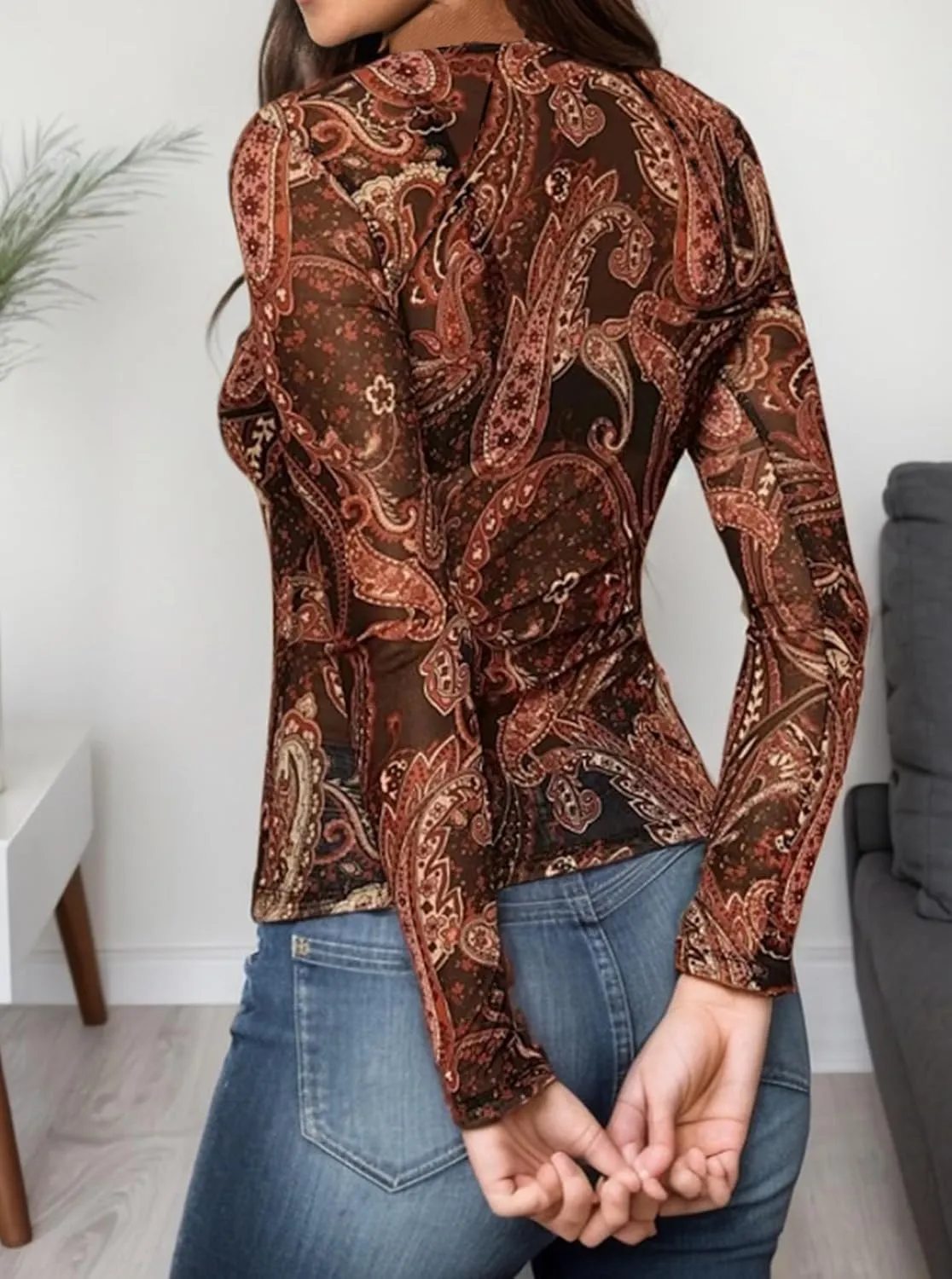 Floral Mesh Top for Women Crew Neck Long Sleeve See Through Tee Shirts Fitted Sexy Going Out Tops