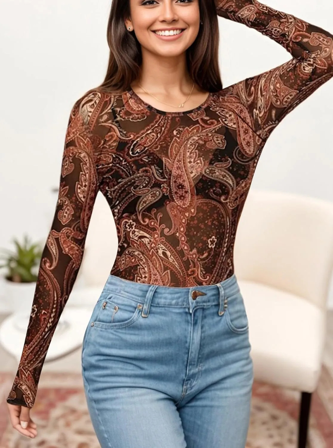 Floral Mesh Top for Women Crew Neck Long Sleeve See Through Tee Shirts Fitted Sexy Going Out Tops