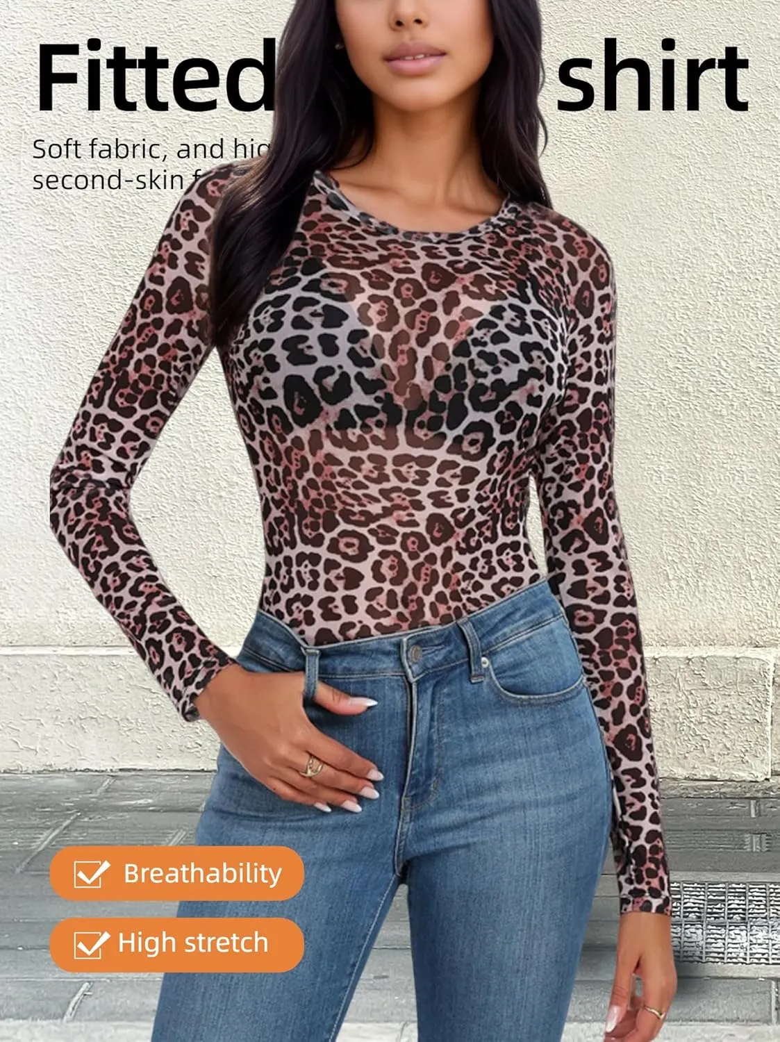 Floral Mesh Top for Women Crew Neck Long Sleeve See Through Tee Shirts Fitted Sexy Going Out Tops