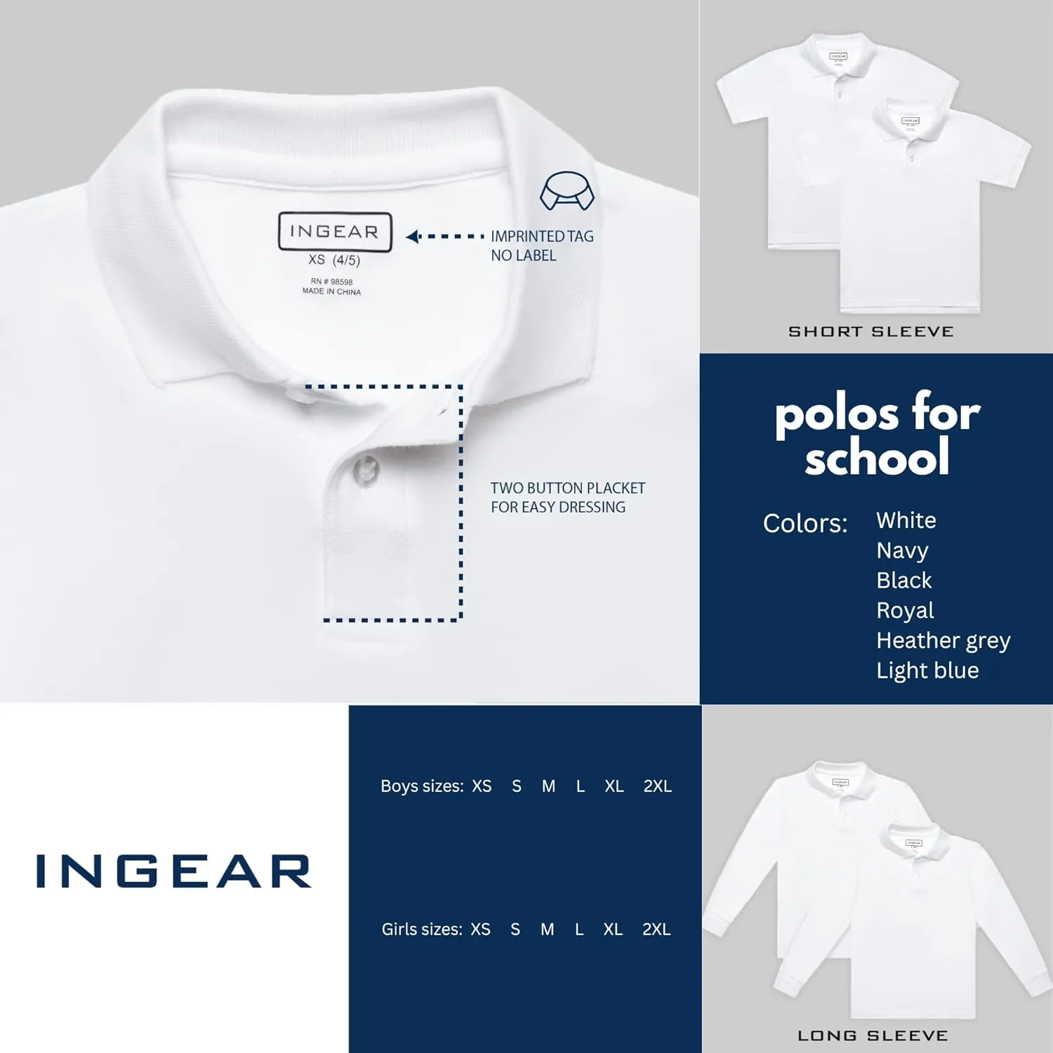 INGEAR Boys Short Sleeve Polo Shirt for School Uniform & Casual Wear