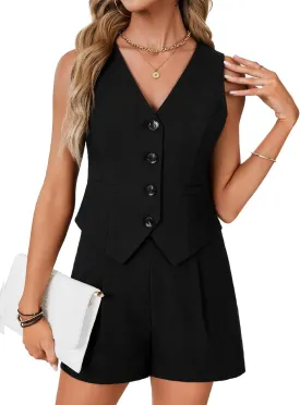 LYANER Women's 2 Piece Outfits Cotton V Neck Sleeveless Blazer Vest Shorts Set Business Casual Outfit with Pocket