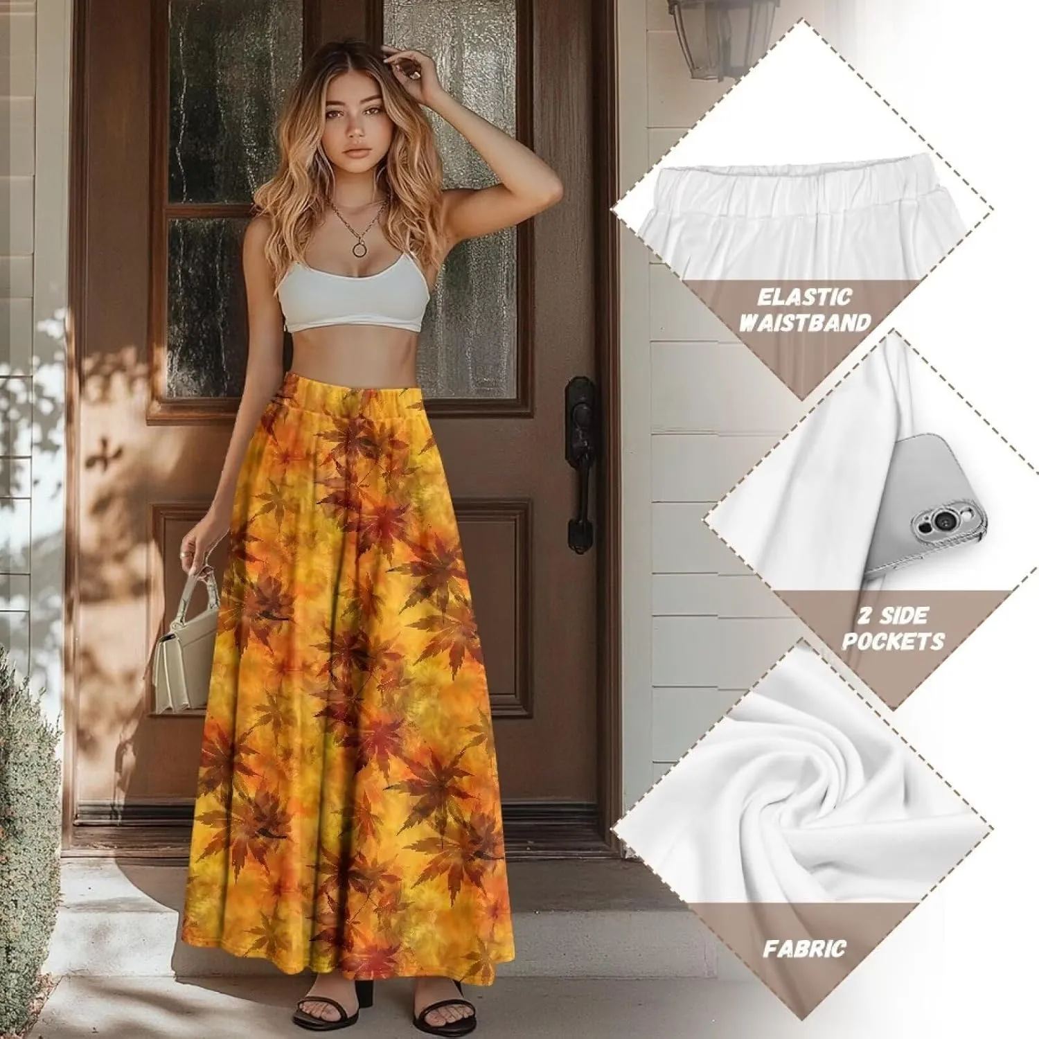 Maxi Skirts for Women Flowy Autumn Skirts with Pockets Pleated Skirt High Waisted Midi Long Skirt Reg and Plus Size S-XXL