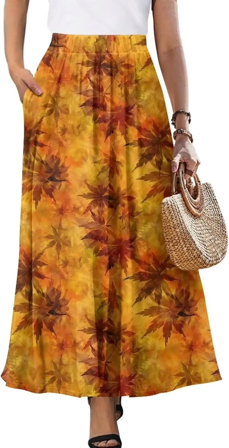Maxi Skirts for Women Flowy Autumn Skirts with Pockets Pleated Skirt High Waisted Midi Long Skirt Reg and Plus Size S-XXL