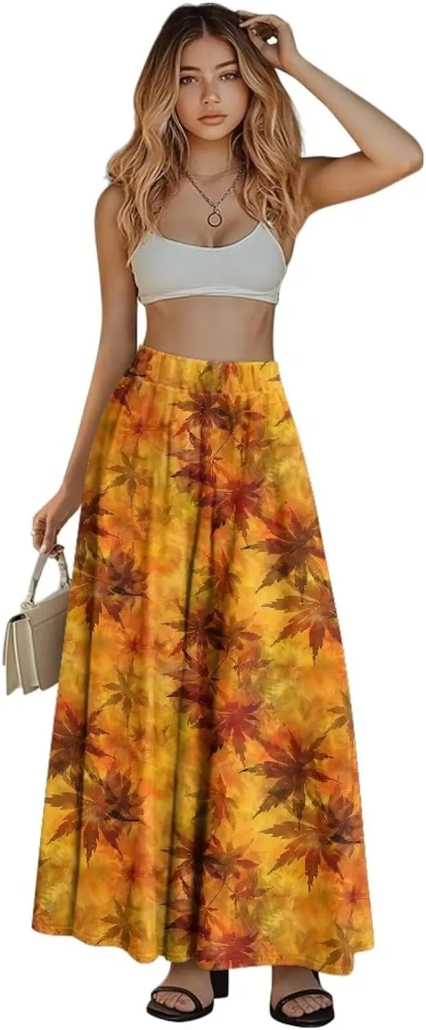 Maxi Skirts for Women Flowy Autumn Skirts with Pockets Pleated Skirt High Waisted Midi Long Skirt Reg and Plus Size S-XXL