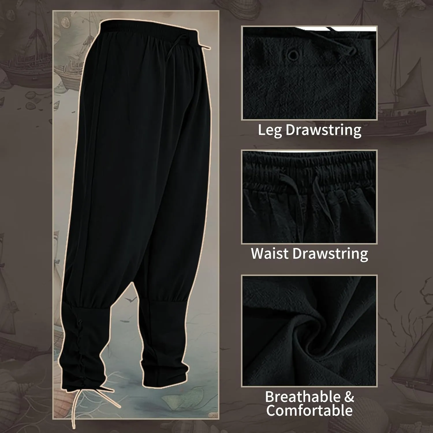 Mens Spring Summer Autumn Ankle Banded Pants Medieval Viking Navigator Trousers Renaissance Pants