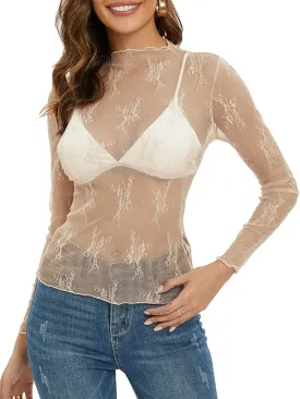 MEROKEETY Womens 2025 Mesh Sheer Long Sleeve Layering Top Sexy Y2k Mock Neck Floral Lace See Through Shirt Blouses