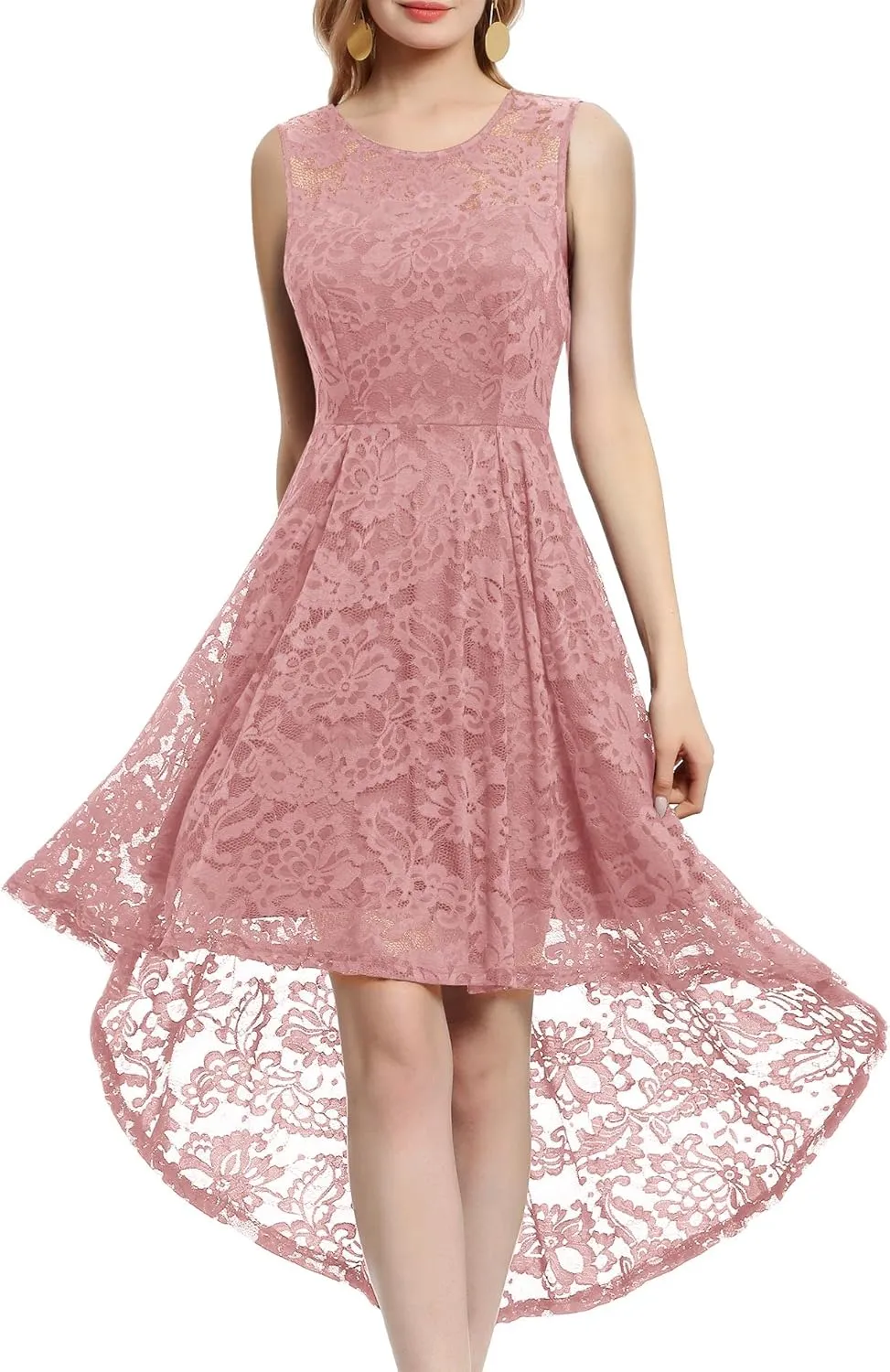 MUADRESS Women's Elegant Floral Lace Dress Sleeveless Crew Neck Hi-Lo Cocktail Dress for Evening Party