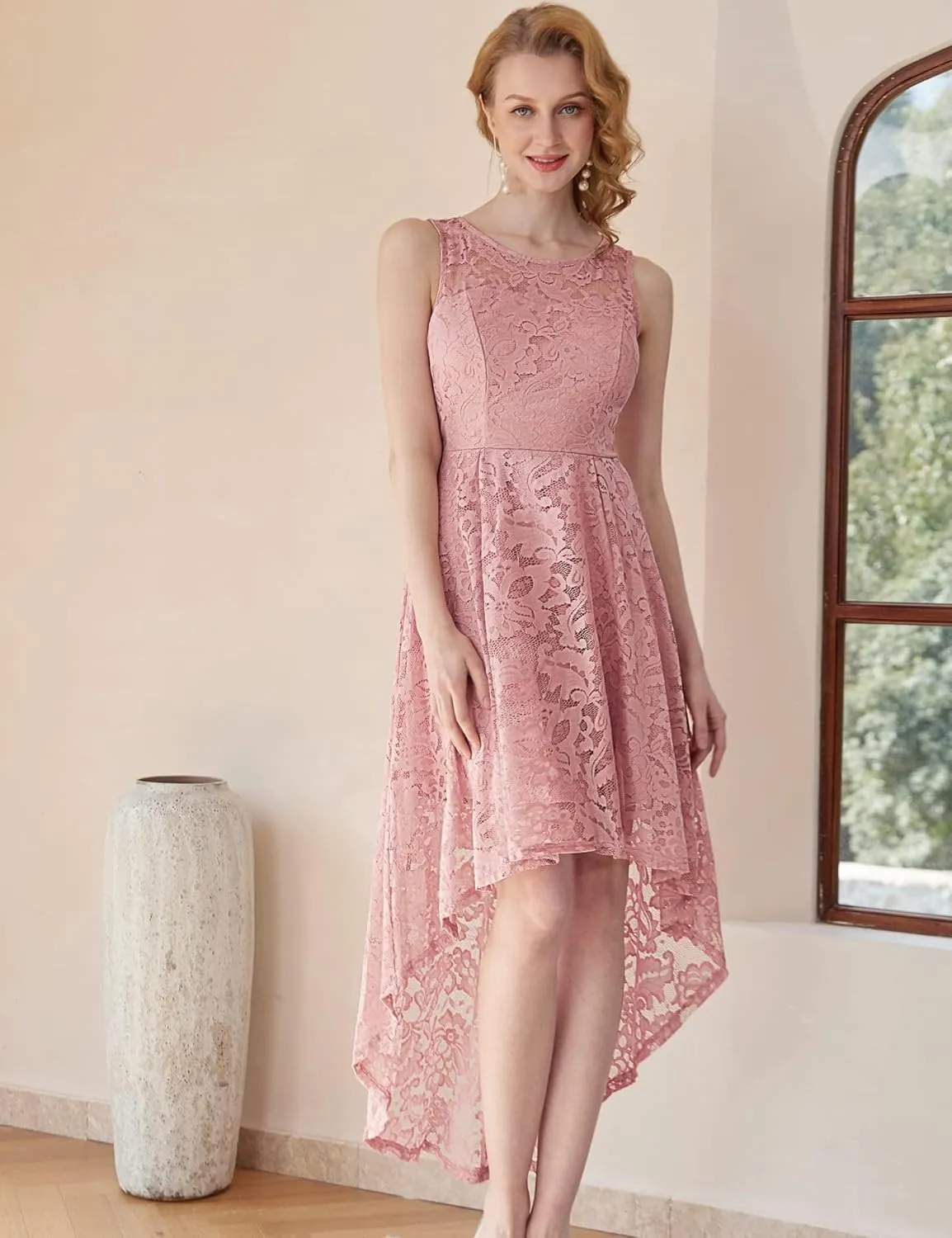 MUADRESS Women's Elegant Floral Lace Dress Sleeveless Crew Neck Hi-Lo Cocktail Dress for Evening Party