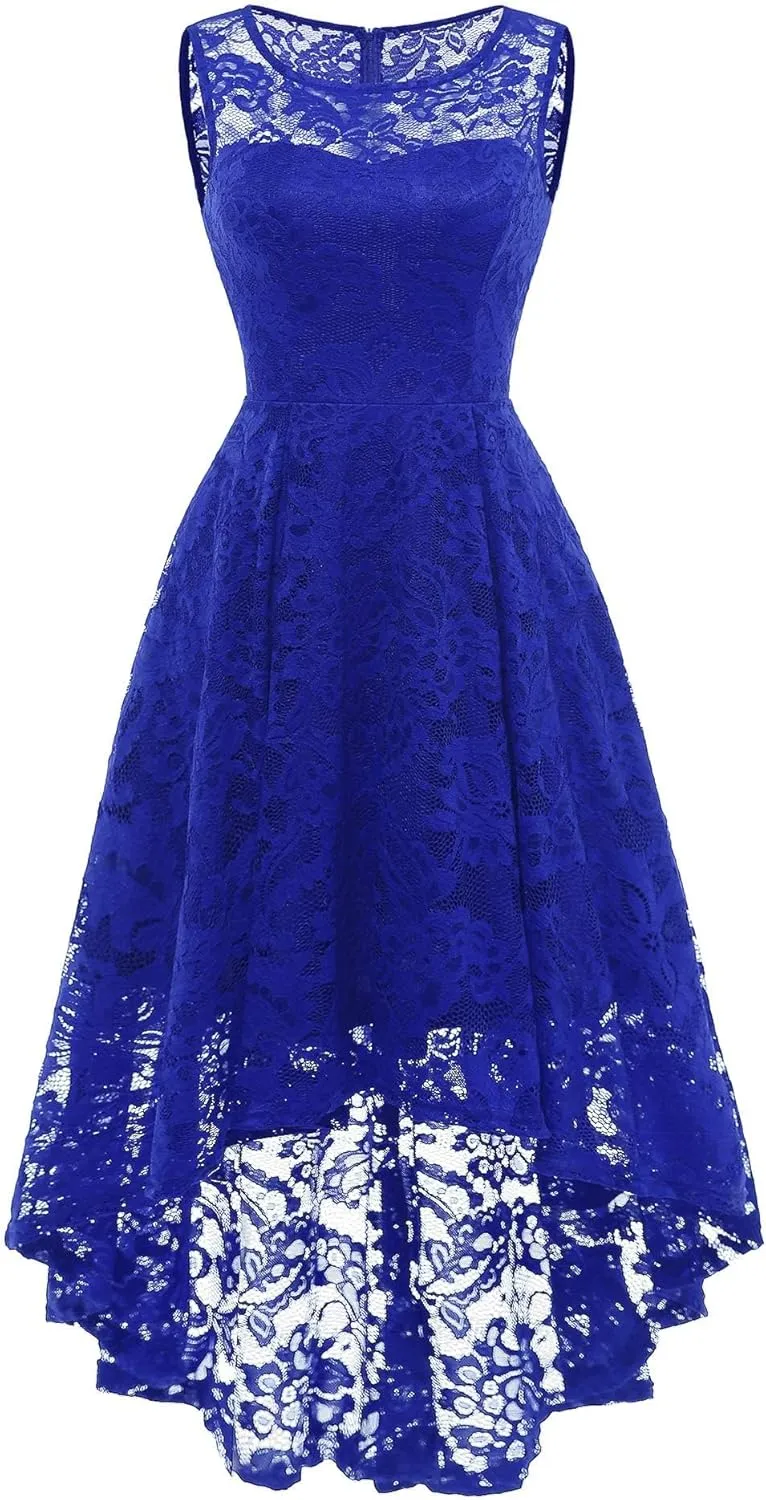 MUADRESS Women's Elegant Floral Lace Dress Sleeveless Crew Neck Hi-Lo Cocktail Dress for Evening Party
