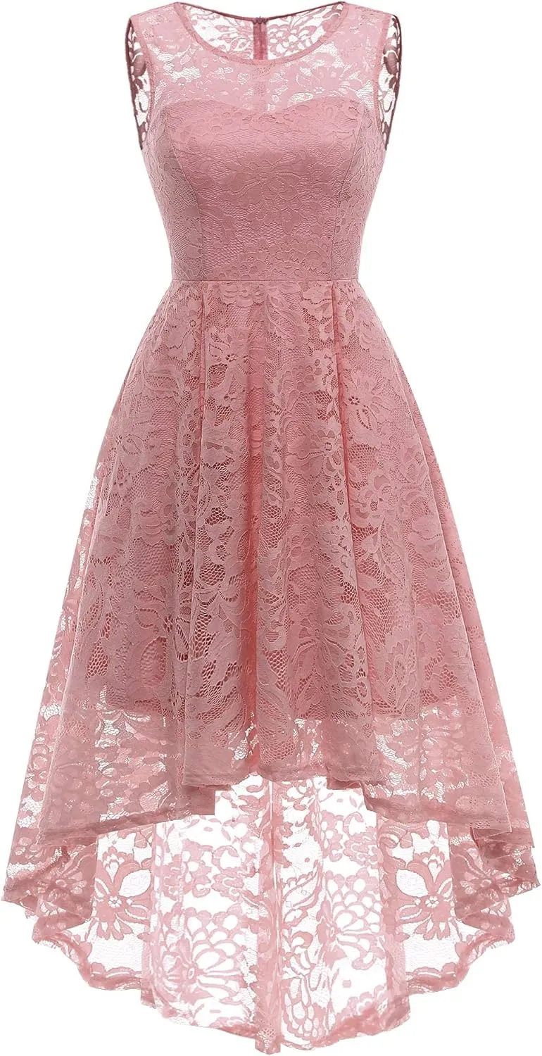 MUADRESS Women's Elegant Floral Lace Dress Sleeveless Crew Neck Hi-Lo Cocktail Dress for Evening Party