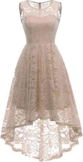 MUADRESS Women's Elegant Floral Lace Dress Sleeveless Crew Neck Hi-Lo Cocktail Dress for Evening Party