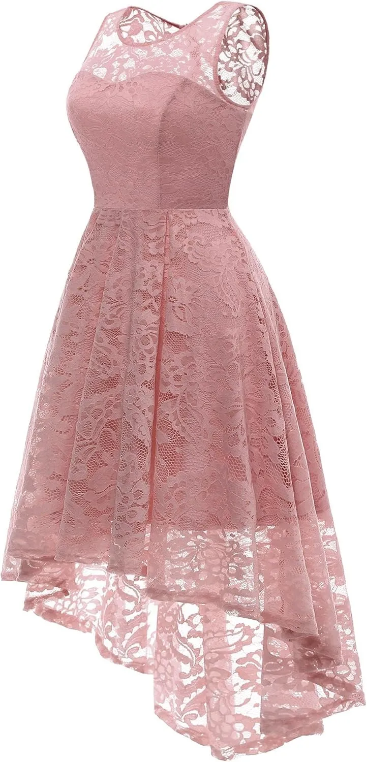 MUADRESS Women's Elegant Floral Lace Dress Sleeveless Crew Neck Hi-Lo Cocktail Dress for Evening Party