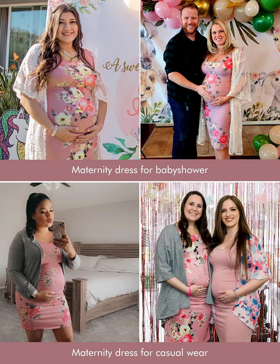 MUSIDORA Solid Color & Floral Side Ruch Maternity Dress/Short Sleeve Bodycon Dress Baby Shower Daily Wear