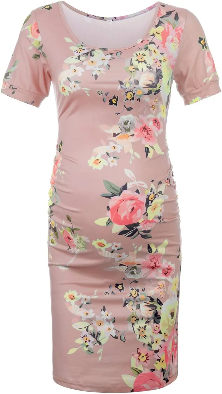 MUSIDORA Solid Color & Floral Side Ruch Maternity Dress/Short Sleeve Bodycon Dress Baby Shower Daily Wear