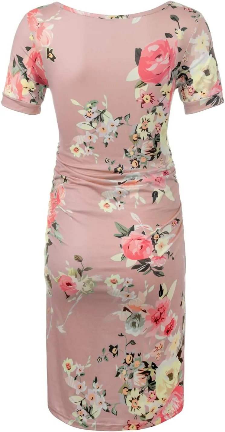 MUSIDORA Solid Color & Floral Side Ruch Maternity Dress/Short Sleeve Bodycon Dress Baby Shower Daily Wear